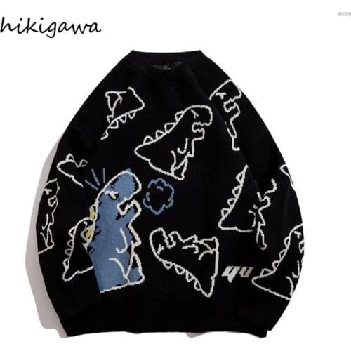Hikigawa Cartoon Little Dinosaur Jacquard Sweater Women 2021 Autumn O Neck Loose Couple Pullover Knitted Tops Casual Wild Jumper