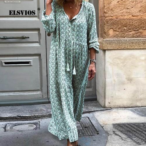 ELSVIOS women casual floral print Tassel long dress Autumn Sexy V Neck Long Sleeve maxi Dress Elegant Loose Summer Beach Dresses
