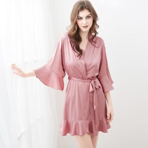 162 Summer Ruffled Ice Silk Women Solid Robes Bride Bridesmaid Robes Kimono Stain Bridal Robes Wedding Sleepwear Dressing Gown