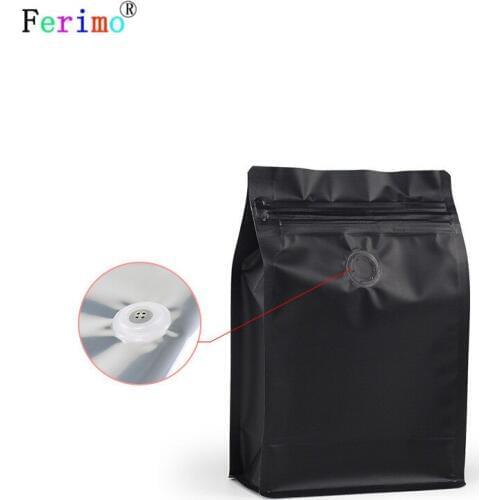 100pcs Eight-sided zipper bag flat bottom black aluminum foil ziplock bags stand up pouches for air valve coffee bean wholesales