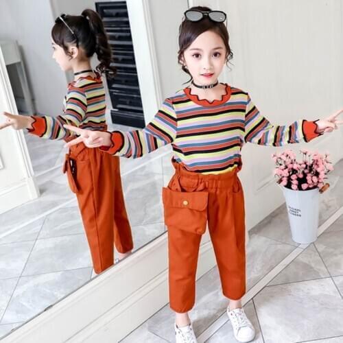 2021 Spring Girls Clothing Stripe Casual Sport T Shirt Pants 2Pcs Autumn Kids Clothes Suits Girls Tracksuits 4 6 8 10 12 Years