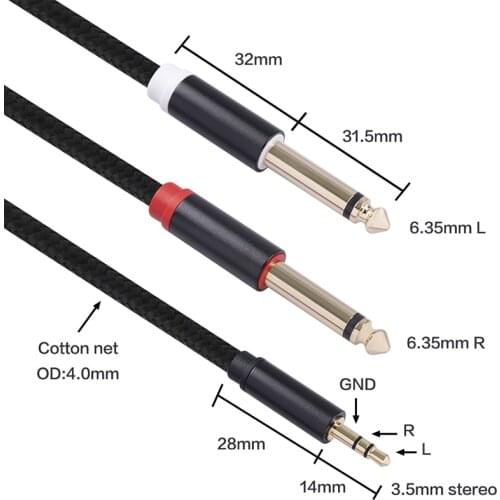 3.5 mm Male to Double 6.35 Audio Cable Gold-plated Plug with Braided Mesh Mono Stereo Y-cable Splitter For Laptop Hot Sale