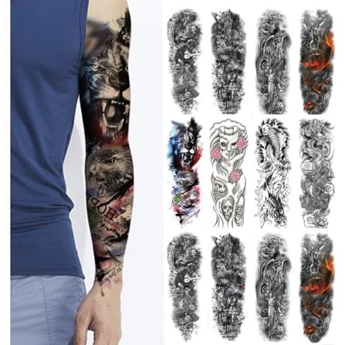 Large Arm Waterproof Temporary Tattoo Sticker Full Arm Large Skull Tatoo Stickers Flash Fake Tattoos for Men Women Fierce Animal