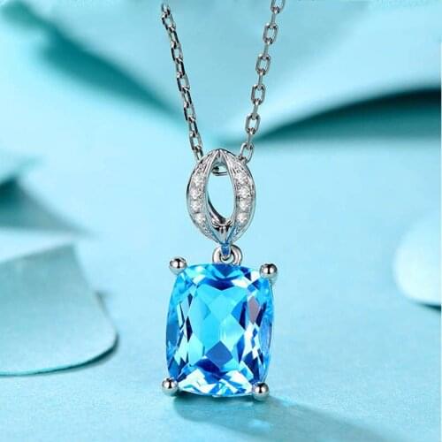 BLACK ANGEL 925 Sterling Silver Luxury Blue Topaz Crystal Gemstone Square Pendant Necklace For Women Wedding Jewelry Party Gift