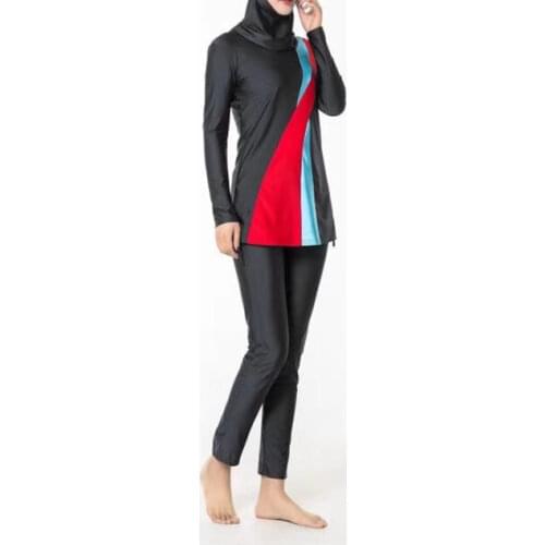 Three Piece Set Muslim Swimwear Women Patchwork Long Sleeve Top Pants Hat Swimsuit Khimar Turkey Islamic Clothing Burkini Mujer