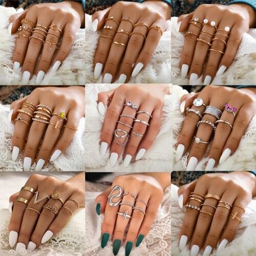 Docona 11 Style Luxury Crystal Wave Midi Ring Set for Women Vintage Pearl Love Heart Open Geometric Joint Rings Jewelry Anillos
