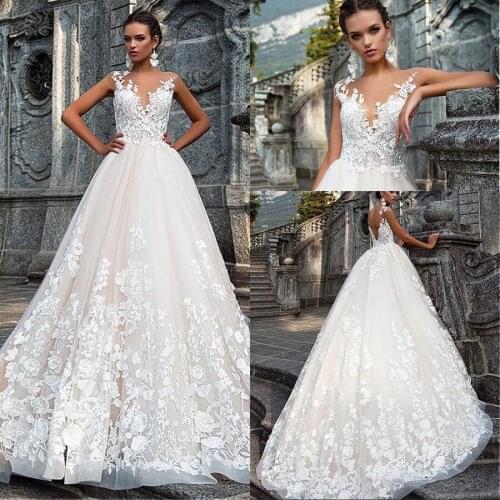 Custom Made V-neck Backless Tulle A-line Applique Lace Wedding Gowns vestido noiva 2021 Wedding Dress Boho