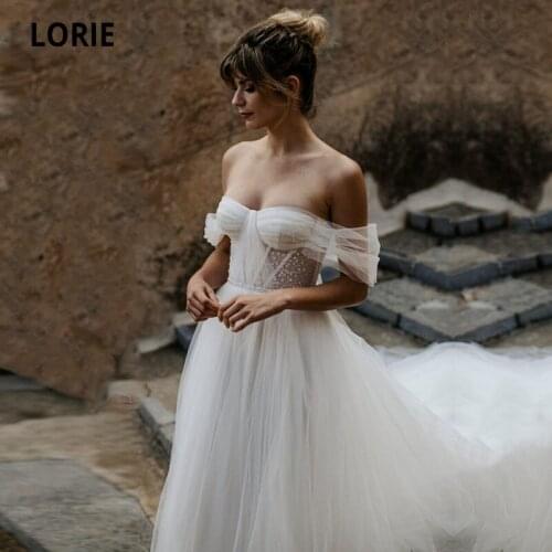 LORIE Boho Wedding Dresses off the Shoulder Sweetheart Pleats Beaded A-Line Corset Wedding Gown Simple Bridal Dress 2021