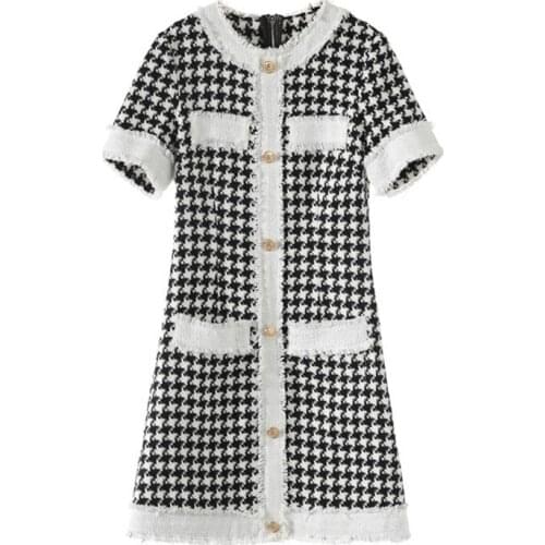 PERHAPS U Women Black White O Neck Short Sleeve Houndtooth Mini Dress Summer Tweed D1730
