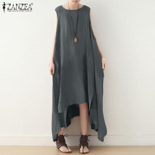 ZANZEA 2021 Fashion Summer Dress Womens Irregular Sundress Casual Sleeveless Tank Vestidos Female Solid Robe Femme Plus Size