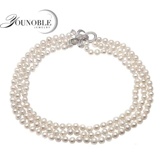 Real Natural Freshwater Round Pearl Necklace Women,White Beautiful Choker 3 Multi Layered Necklace