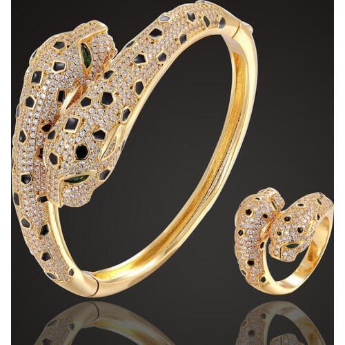 Zlxgirl New arrival Shape Jet Leopard bangle with ring jewelry sets for women party couple gifts micro pave setting bracelet