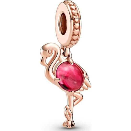 Original Pink Murano Glass Flamingo With Crystal Pendant Beads Fit 925 Sterling Silver Charm Europe Bracelet Bangle Diy Jewelry