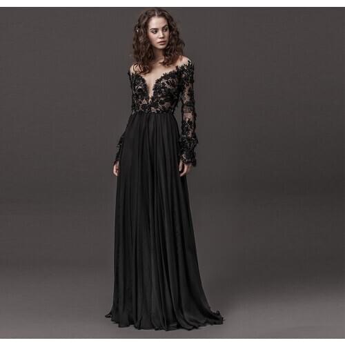 Verngo Beach Wedding Dress Lace Appliques Wedding Gowns Classic Black Bride Dress Chiffon Long Dress Vestidos De Novia 2019