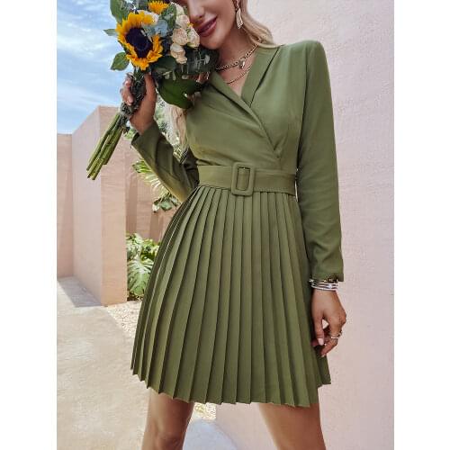 Simplee Elegant v-neck solid A-line pleated dress women green Office lady long sleeve belt mini dress Casual female vestido 2021
