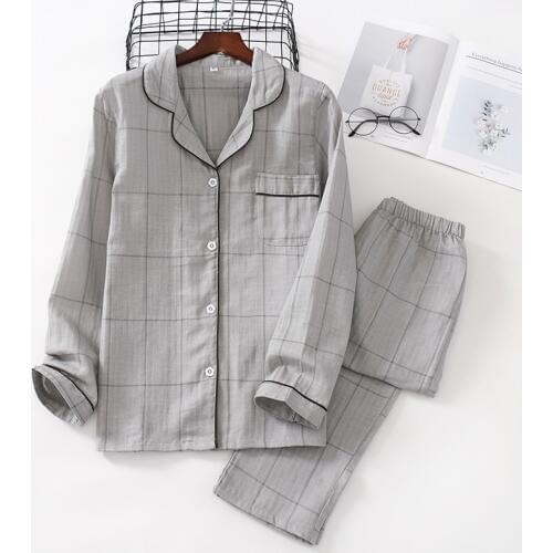 Casual couple lattice 100% cotton pajamas suit mens autumn pajamas long sleeve pajamas ladies pajamas Japanese mens pajamas