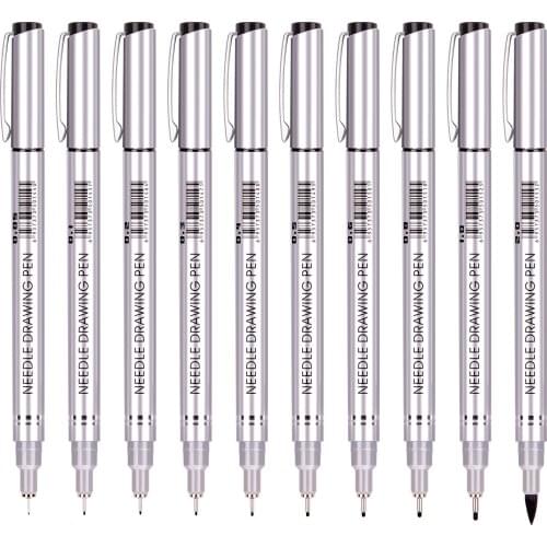 Ms-807a Silver Waterproof Fine Needle Pen Drawing Hook Pen Set Hand Drawn Cartoon Sketch 10pcs Pencil