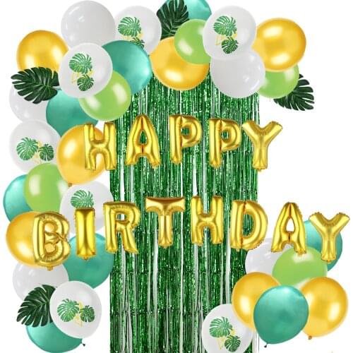 Happy BIrthday Party Decoration Banner Balloon Artificial Leaf Tinsel Foil Curtain Fringe Backdrop Baby Shower Party Decor