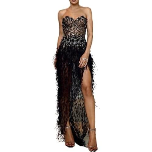 Sexy Strapless Long Black Maxi Dress Front Slit Bare Shoulder Womens Evening Summer Dress Night Gown Party Transparent Dress