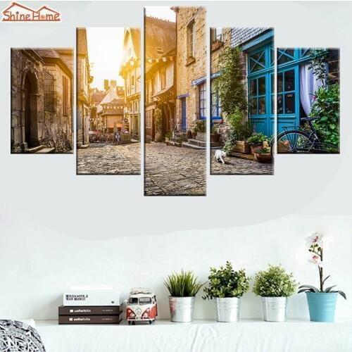 ShineHome-5pcs Wall Oil Painting Printing Prints on Canvas Modern Old City Street Living Room Household Walls Home Decoration
