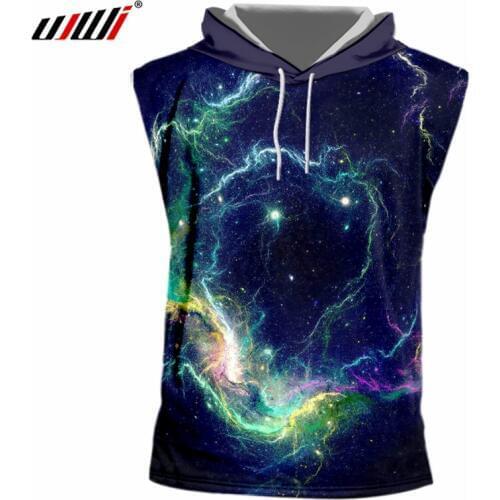 UJWI 2018 Summer Tops Cool Print Blue Galaxy Space 3D Hooded Sleeveless T-shirts Casual Cap Tshirt Homme Hip Hop Fitness Hoody