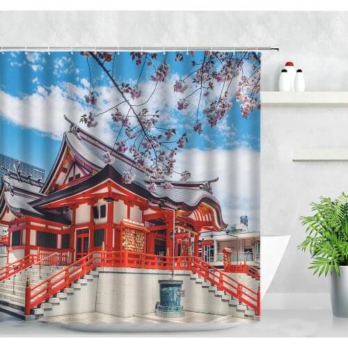 3D Ancient Building Shower Curtains Japanese Shrine Garden Cherry Blossom Natural Scenery Waterproof Home Decor Bathroom Curtain