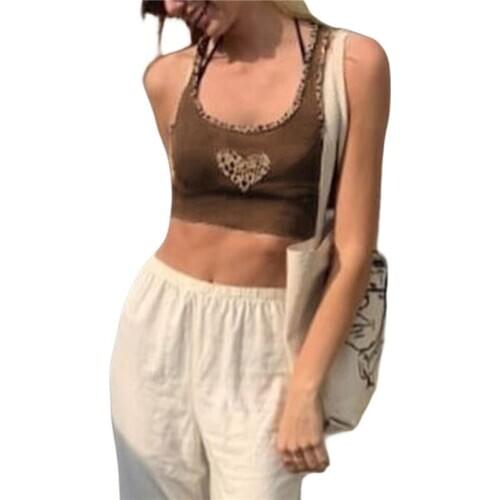 Womens Camisole Summer Ladies Crop Tops Sexy Sleeveless Heart Leopard Print Sling Tops for Vacation Dating Party Travelling