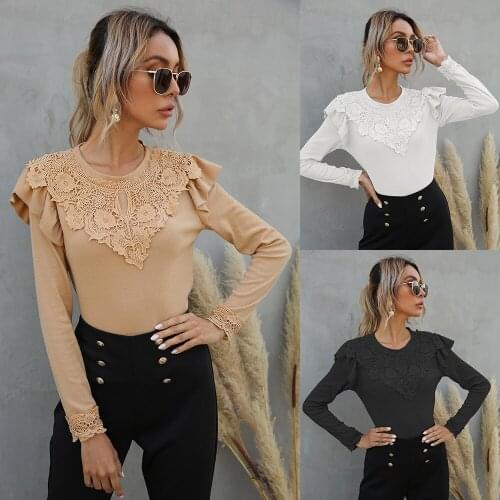 Women Spring T-Shirts Long Sleeve Sexy Lace Style Slim Female Blouse Patchwork Top Tees Autumn Elegant Fashion Casual C2504