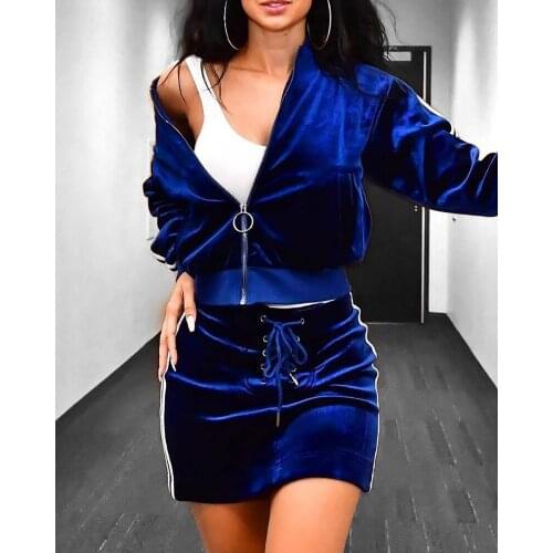 Feminine Sexy Elegant 2 Piece Zipper Design Long Sleeve Top and Tunic Skirt Suit for Ladies Street Style Two Piece Set Women