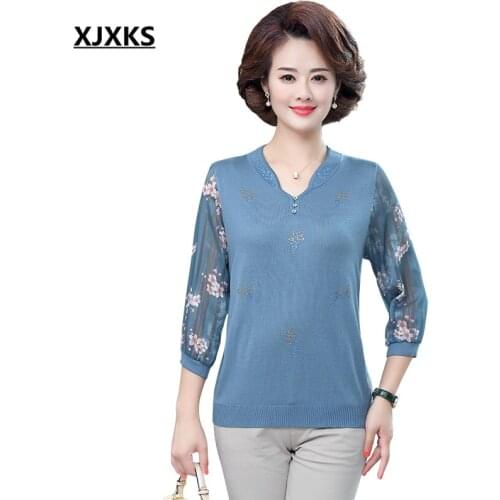 XJXKS 2020 autumn new fashion V-neck women three-quarter sleeve sweater wool knitted stitching chiffon sleeve women thin sweater