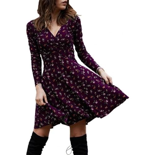 Women Dress Long gowns Spring Women Deep V Neck Long Sleeve Waist Tight Large Hem Floral Print Mini Dress Streetwear 2021