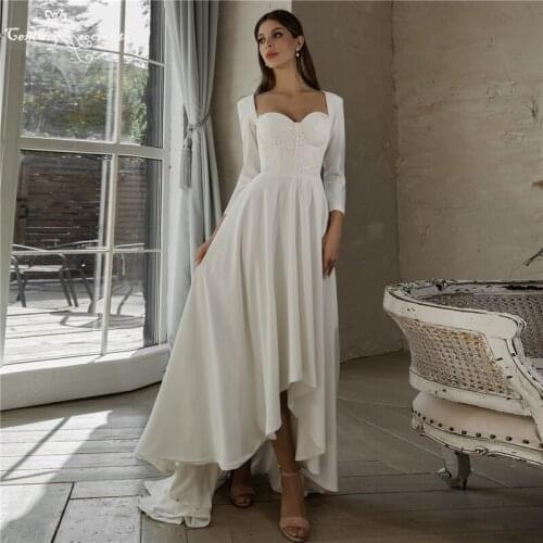 Hi-Lo Wedding Dresses for Women Long Sleeve Lace Appliques Corset Back Crepe Bridal Gowns Bride Reception Dress Vestido De Noiva