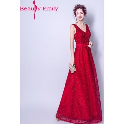 Beauty Emily Red Evening Dresses 2018 vestido de festa V-Neck beading prom gowns embroidery flower formal Party Prom dress