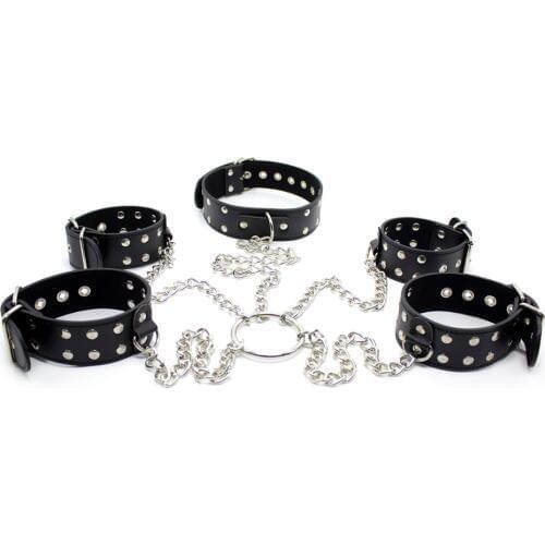 10 pcs/lot Adult Sex Game Tied Tease Bondage Restraint Fetish PU Leather Neck Collar Handcuffs Ankle Cuffs Chain VP-CR003024B