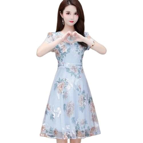 2021 New Chiffon Floral Dresses Spring Female Summer Short-Sleeved Dress Temperament Round Neck Fashion Dress Female Plus Size