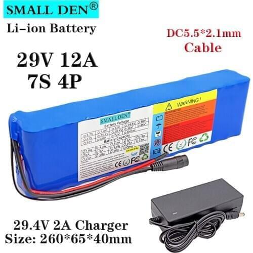 24V 12Ah 18650 lithium ion battery pack 7S4P 350W DC 29.4V electric bicycle moped scooter battery Built-in 15A BMS+ 2A Charger