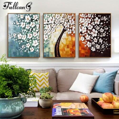 FULLCANG 5d diy diamond embroidery abstract wealth tree landscape painting triptych full square round drill wall decor FG0118