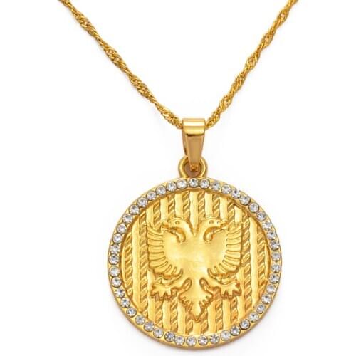 Anniyo Round Rhinestone Albania Eagle Pendant Neckalces Gold Color Albanian Charms National Jewelry #231806