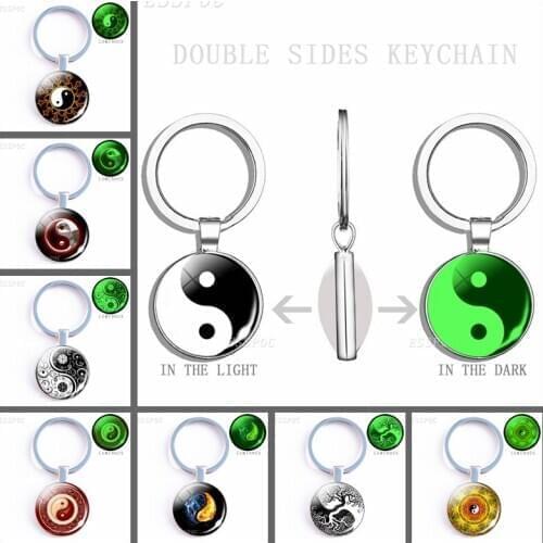 Black and White Yinyang Symbols Key Chain Jewelry Yin Yang Life Tree Double Sided Glass Dome Taichi Keychains Gifts for Women