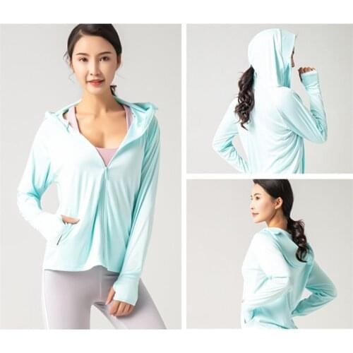 Women UPF 50+ Long Sleeve Sunscreen Jacket Hooded Mask Zip Front Anti-UV Shirts Summer Outdoor Ice Silk Thin Sport Coat with Poc