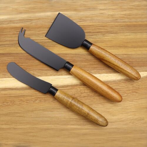 Jaswehome 3pcs/set Wood Handle Cheese Knives Fork-Tipped Spear Soft Cheese Knife Black Stainless Steel Cheese Slicer Cutter