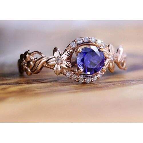 Korean Fashion Rose Gold Flower Inlaid Royal Blue Zircon Crystal Rings for Women Accessories Statement Jewelry Gift