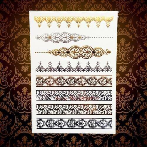 Beautiful Flash Gold Temporary Tattoo Henna Bracelet Body Art Sleeve Arm Tattoo Sticker 21*15cm Sexy Waterproof Fake Tato Selfie