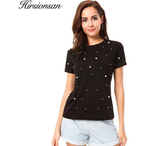 Hirsionsan Summer T Shirt Women Pearls Beading Solid Cotton Casual Black White Harajuku Tops Short Sleeve O-Neck Tee Shirt 2019