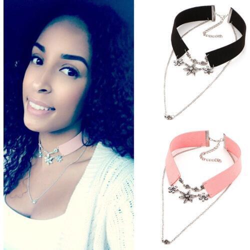 Hot - selling wide black velvet necklace multi - layer crystal- studded flower chain sweater necklace