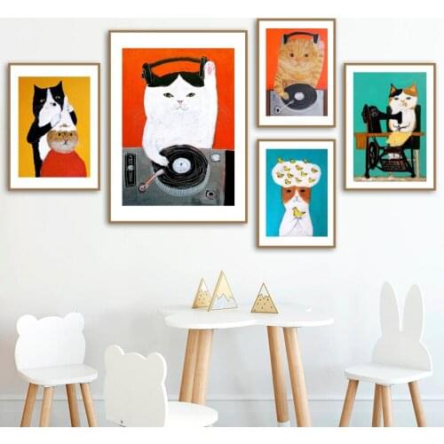 Cartoon Cat Hairstylist DJ Dreamer Wall Art Canvas Painting Nordic Posters And Prints Wall Pictures For Lviign Room Kids Bedroom