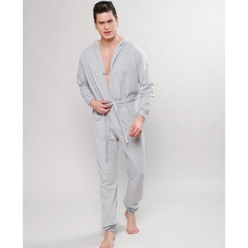 Male Long Sleeve One-piece Overalls Adult Lounge Sleepwear Pyjamas Soft Nightwear Summer Men Grey Sexy Onesies Jumpsuit Pajama