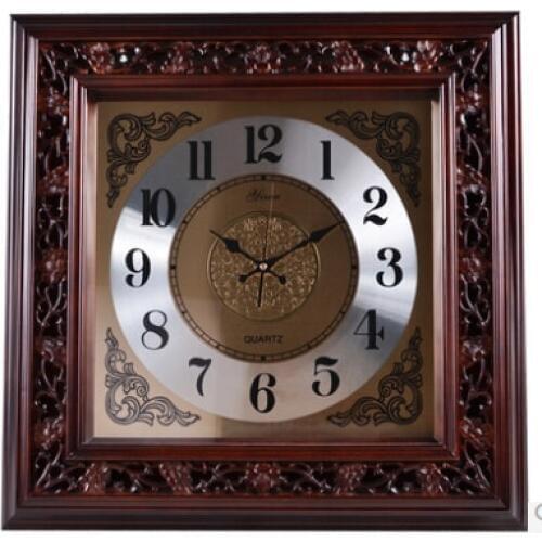 Genuine European modern design solid wood carved king size 24.5 inches square retro wall clock mute high quality of luxury