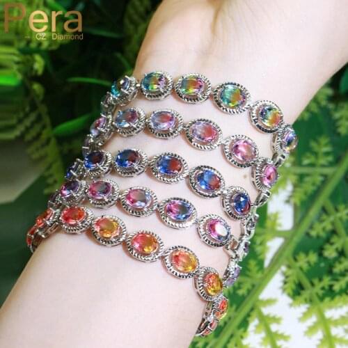 Pera 2020 Newest Big Oval Shape Link Rainbow Cubic Zirconia Elegant Tennis Hand Bracelets Bangle for Women Fashion Jewelry B196