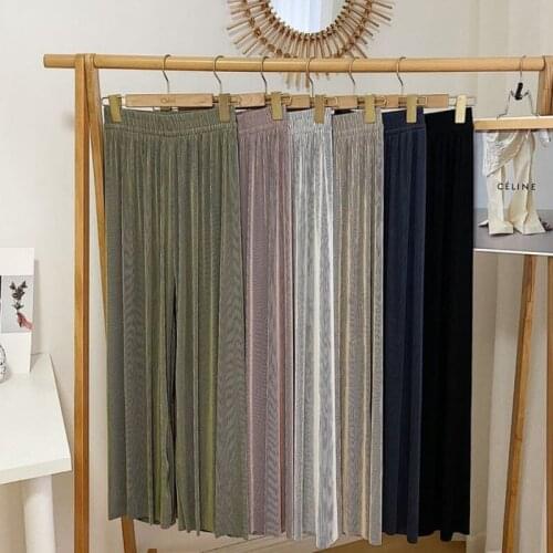 2021 New Lady Slacks Womens Loose Summer Cool Pants Casual Soft Ice Silk Long Wide Leg Pants Women High Waisted Thin Trousers